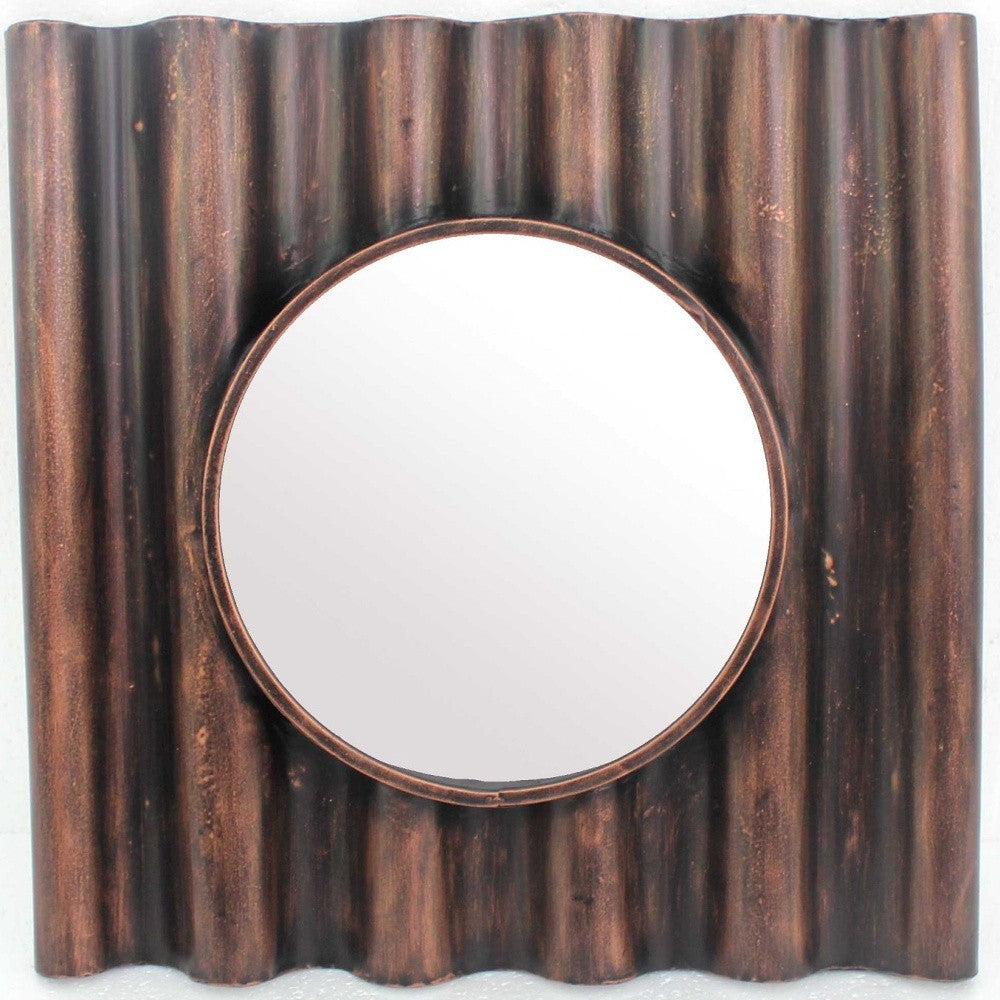 24 x 24 x 3 Bronze Panpipe-Like Wooden Cosmetic Mirror with a vintage mahogany finish and round reflective center.