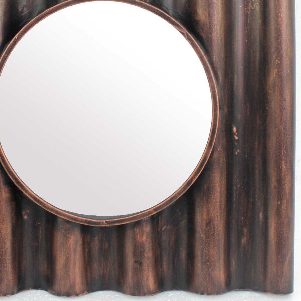 24 x 24 x 3 Bronze Panpipe-Like Wooden Cosmetic Mirror with a vintage mahogany finish and round reflective center.