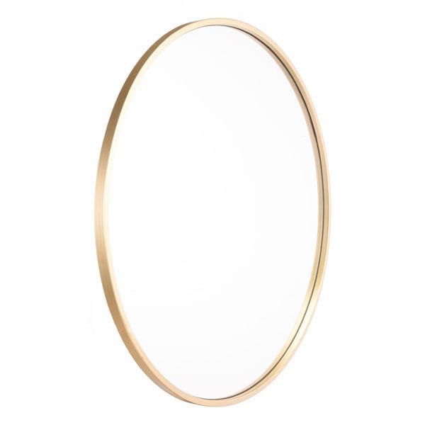 A 24.2-inch round gold eye mirror with a sleek design, showcasing a reflective surface framed in a gold plated round frame.