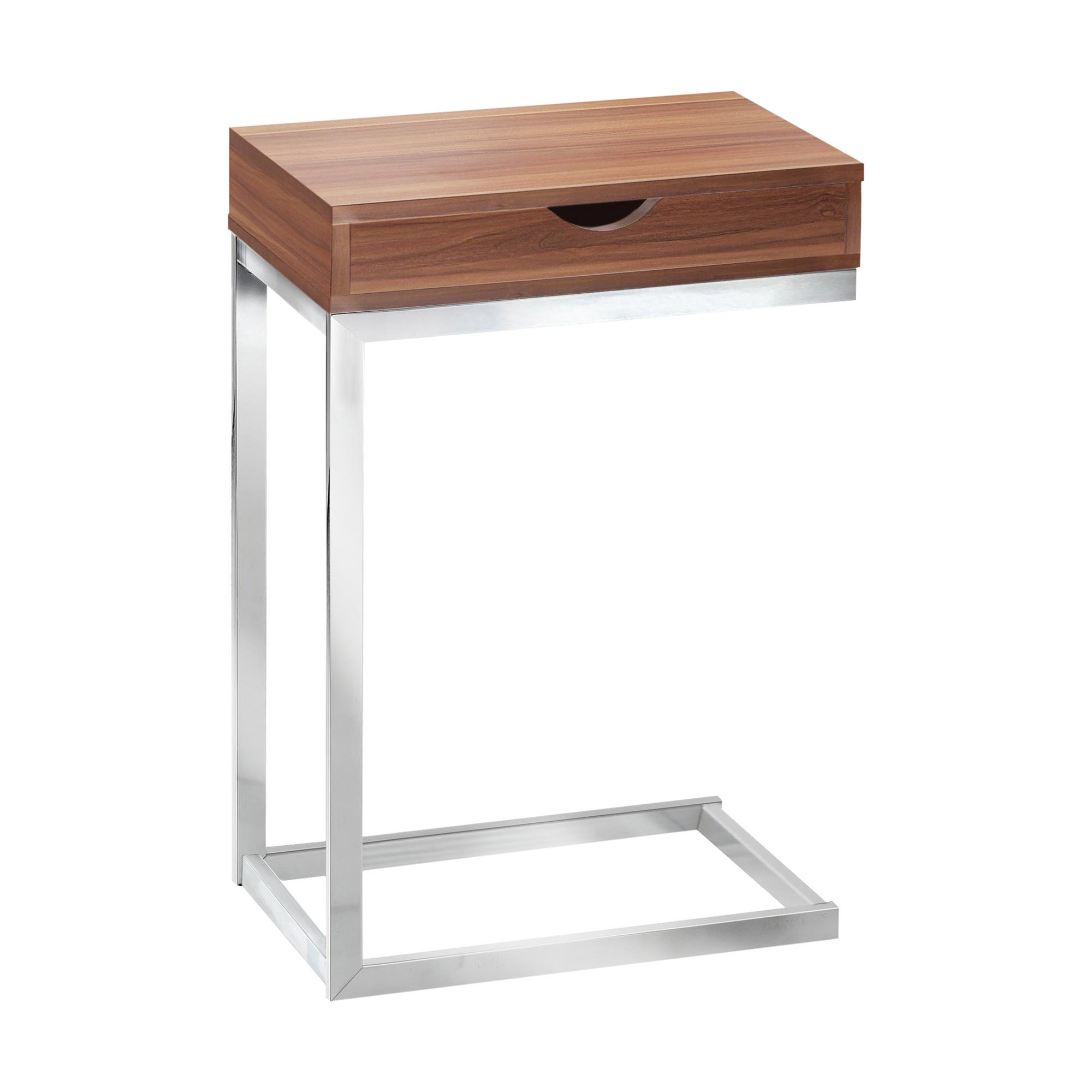 A stylish 24.5-inch white accent table with chromed metal accents, featuring a storage drawer on either side.