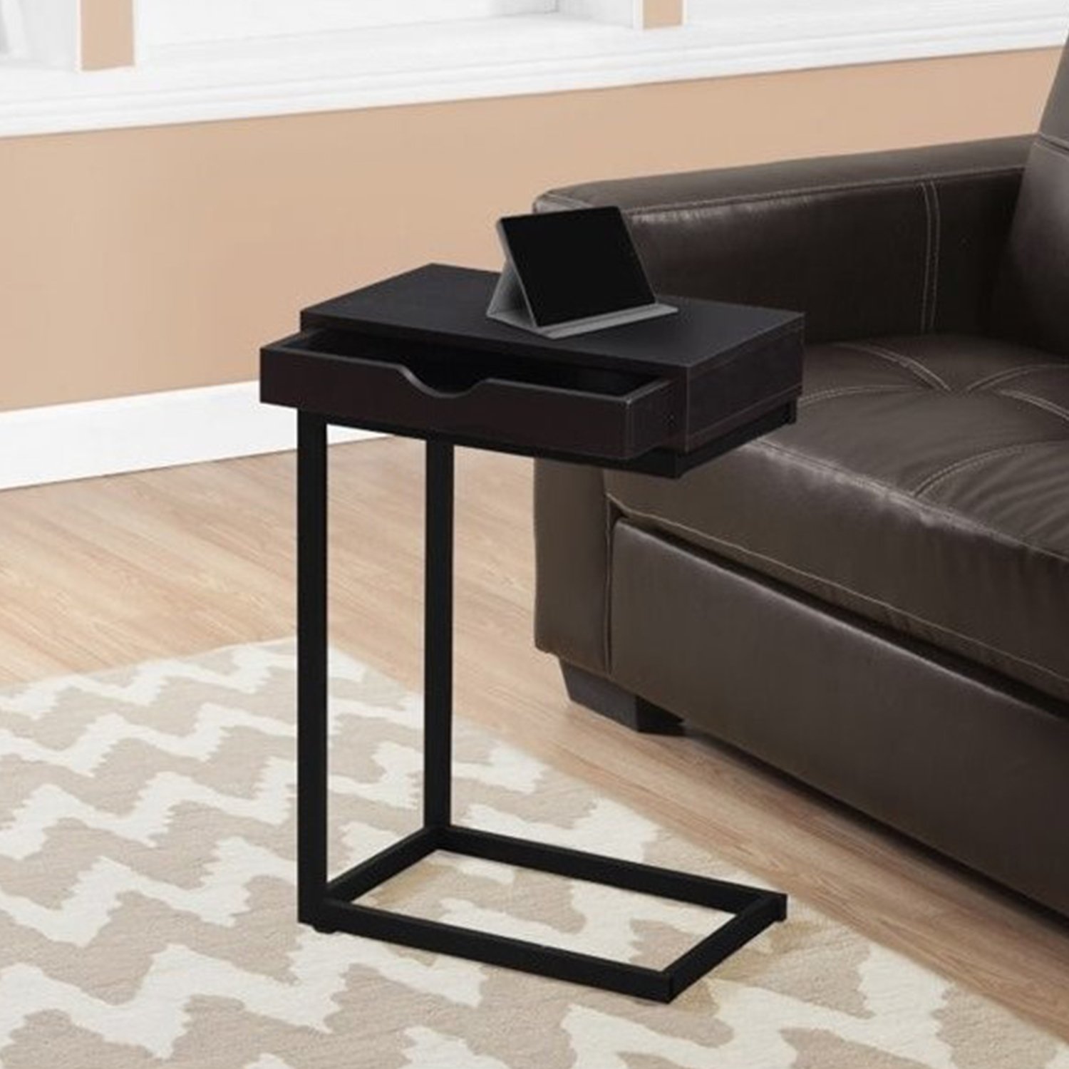 A stylish 24.5-inch white accent table with chromed metal accents, featuring a storage drawer on either side.