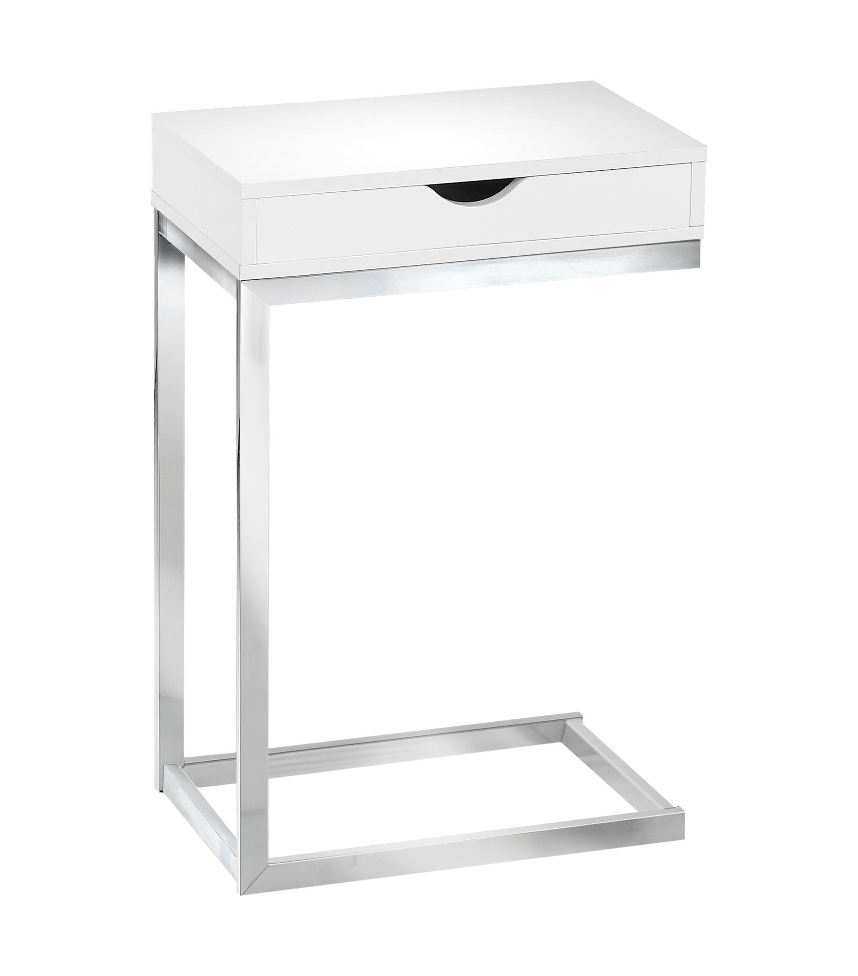 A stylish 24.5-inch white accent table with chromed metal accents, featuring a storage drawer on either side.