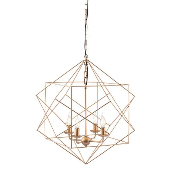 A luxurious gold painted metal ceiling lamp featuring a geometric design and four candelabra, perfect for modern home decor.