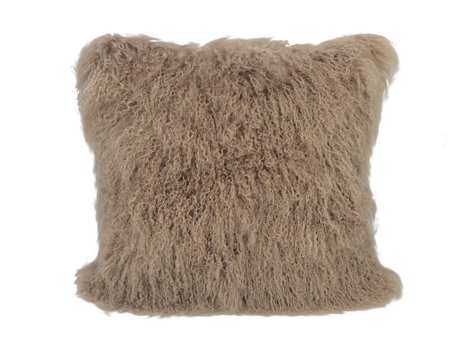 24-inch beige genuine Tibetan lamb fur pillow with soft microsuede backing, showcasing luxurious texture and elegant design.