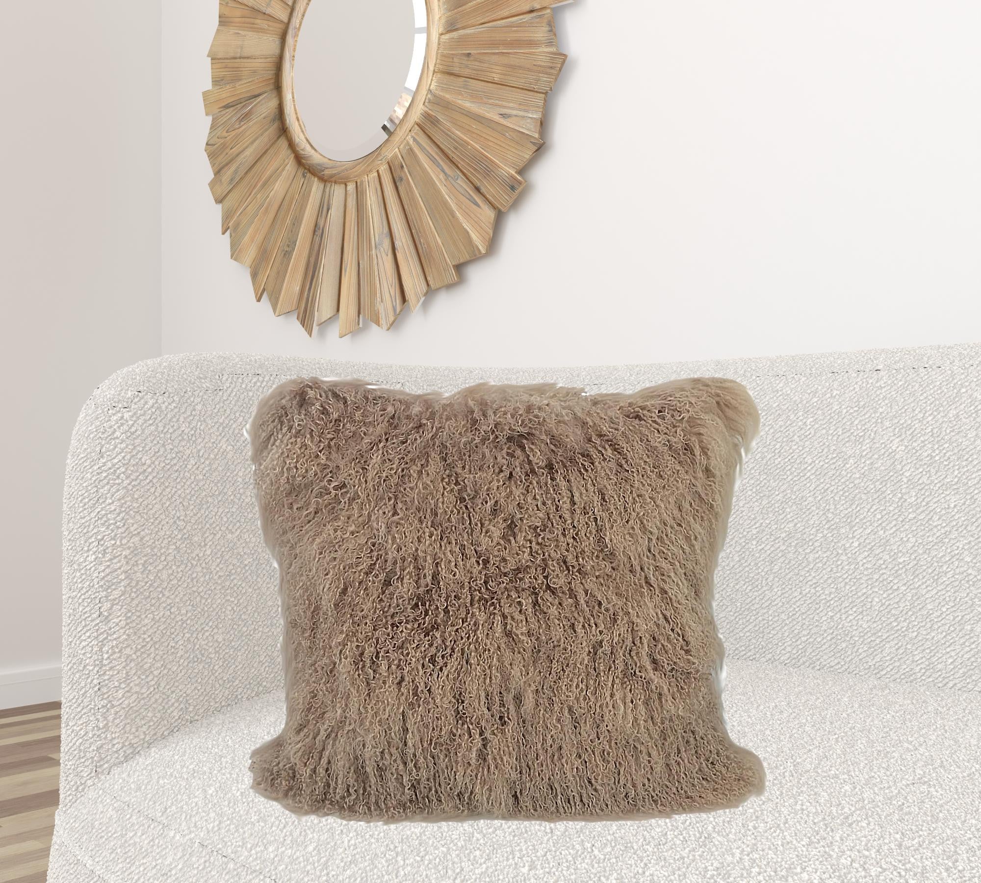 24-inch beige genuine Tibetan lamb fur pillow with soft microsuede backing, showcasing luxurious texture and elegant design.
