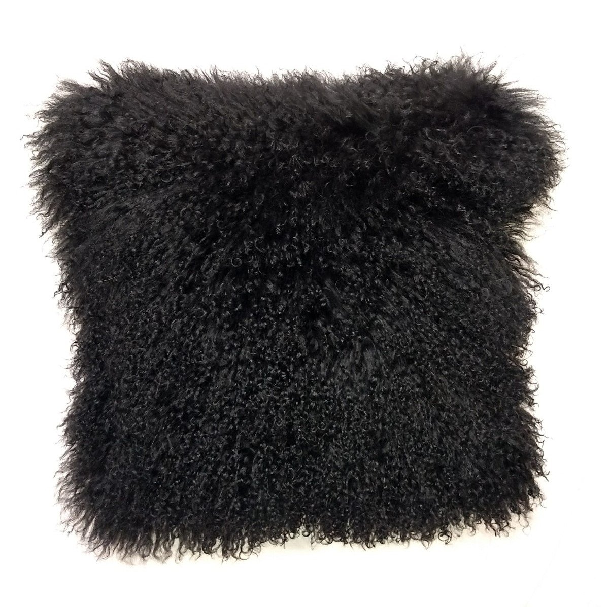 24-inch black genuine Tibetan lamb fur pillow with soft microsuede backing, showcasing luxurious texture and elegant design.