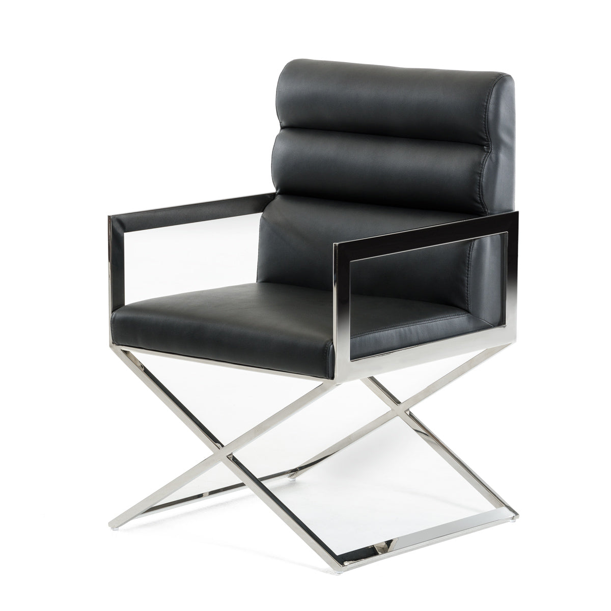 A stylish 24-inch black leatherette dining chair with stainless steel legs, showcasing modern design and durability.