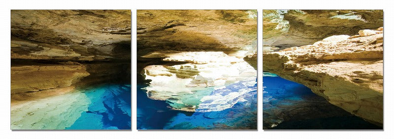 Three-panel canvas artwork featuring vibrant Blue Grotto colors, perfect for contemporary home decor.