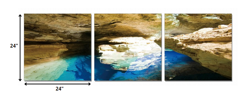 Three-panel canvas artwork featuring vibrant Blue Grotto colors, perfect for contemporary home decor.