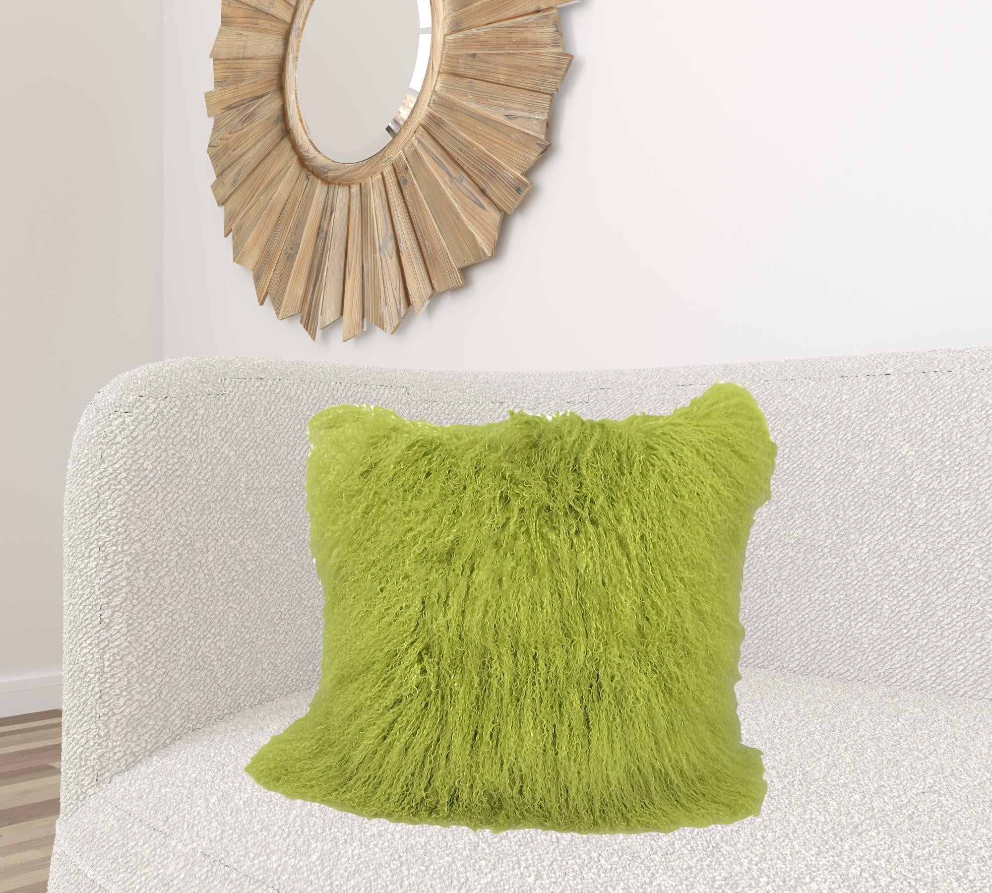 A luxurious 24-inch lime green genuine Tibetan lamb fur pillow with a soft microsuede backing, showcasing its plush texture and vibrant color.
