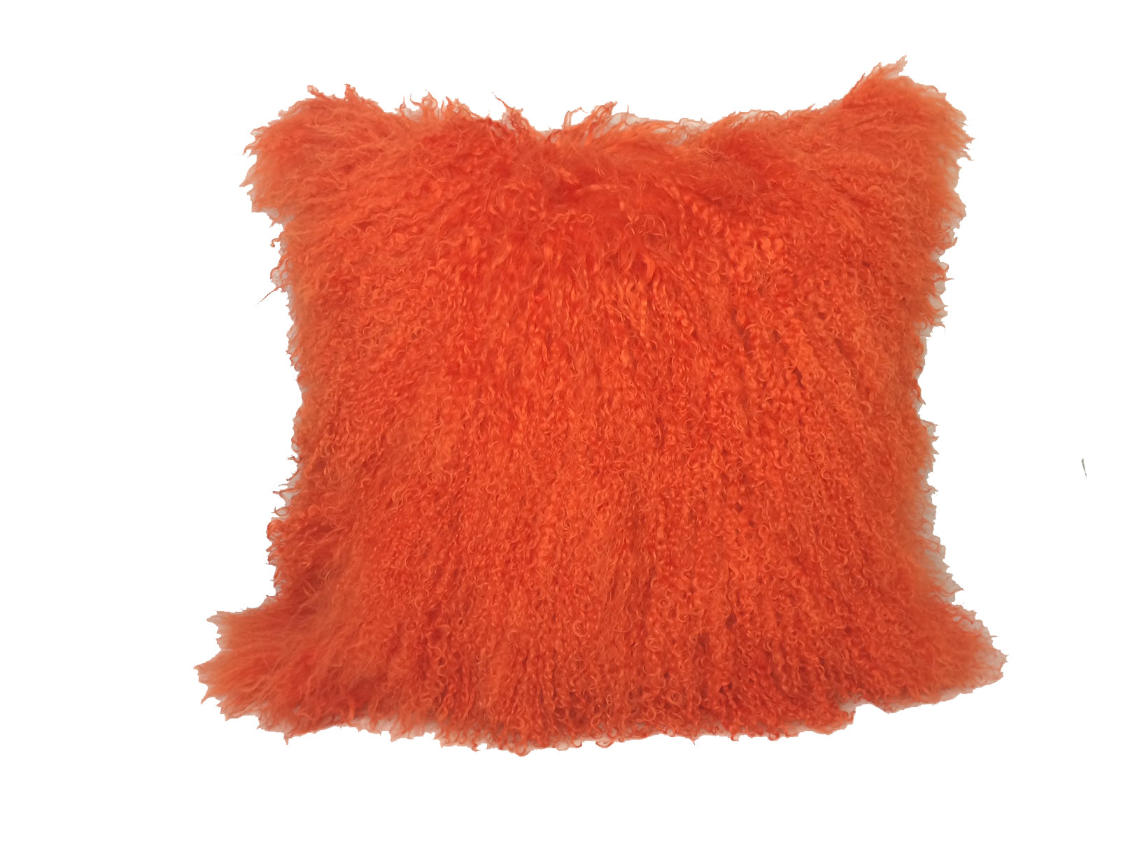 A luxurious 24-inch orange genuine Tibetan lamb fur pillow with a soft microsuede backing, perfect for home decor.
