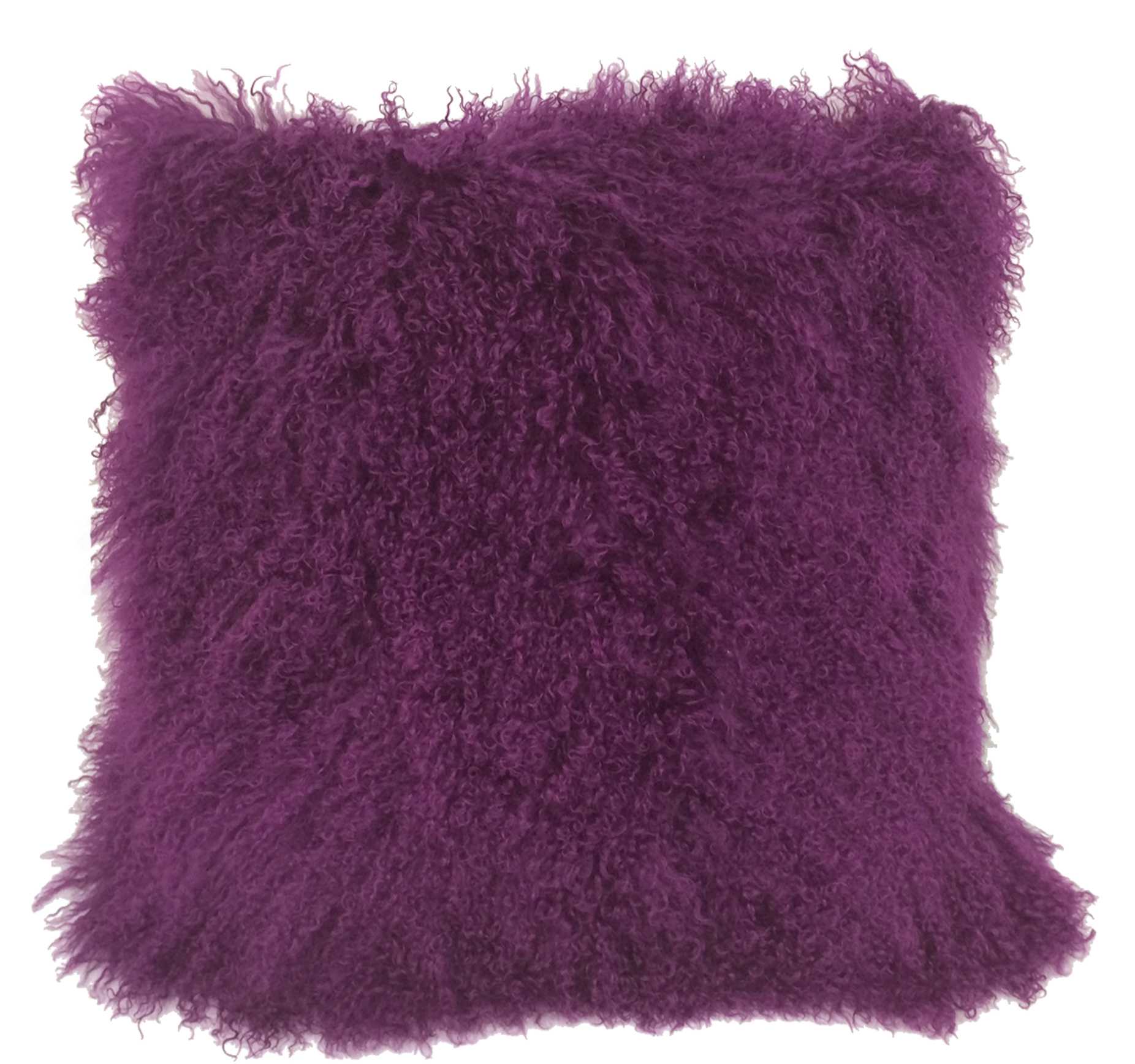 24-inch purple genuine Tibetan lamb fur pillow with soft microsuede backing, perfect for home decor and comfort.