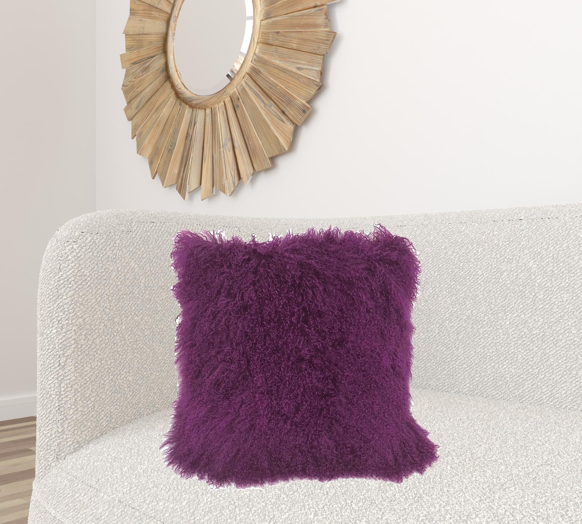 24-inch purple genuine Tibetan lamb fur pillow with soft microsuede backing, perfect for home decor and comfort.