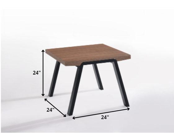 A stylish 24-inch walnut wood end table with black metal legs, showcasing a modern design perfect for living room decor.