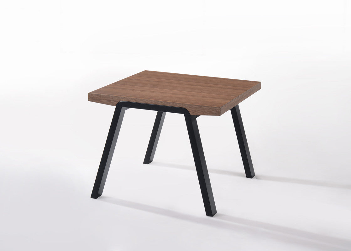 A stylish 24-inch walnut wood end table with black metal legs, showcasing a modern design perfect for living room decor.