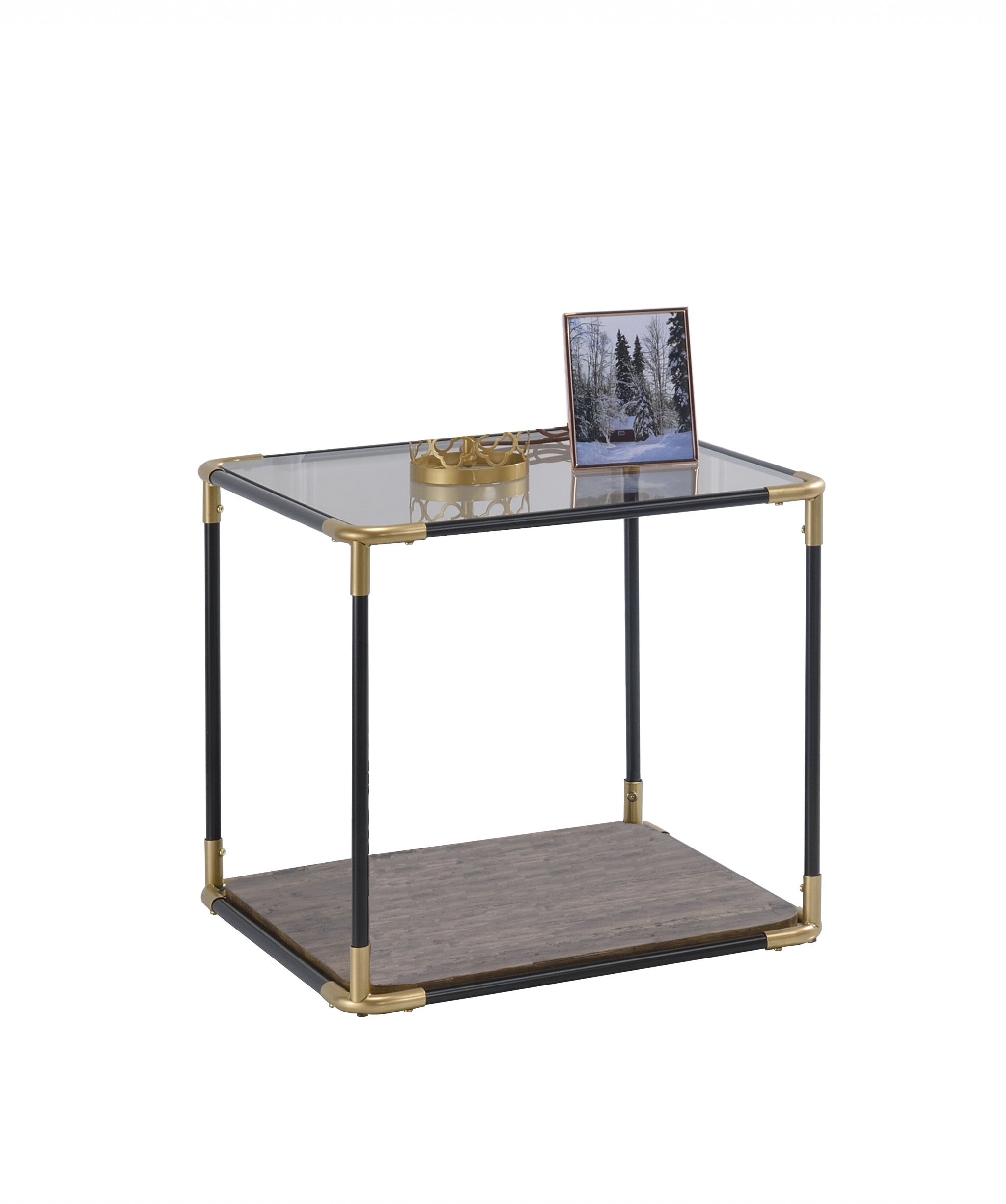 BlackGold Smoky Glass Metal Wood Veneer end table with a glossy finish and sturdy wooden legs, featuring a wide smoky glass top.