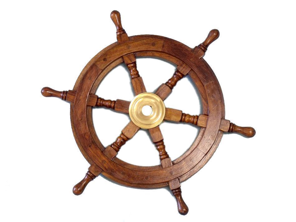 A beautifully crafted 24-inch ship wheel made of rosewood with a golden brass hub, showcasing a classic nautical design.