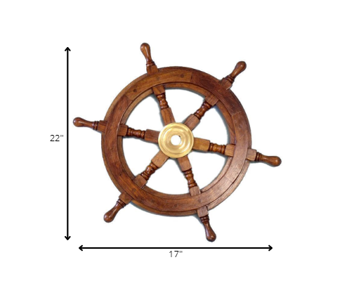 A beautifully crafted 24-inch ship wheel made of rosewood with a golden brass hub, showcasing a classic nautical design.
