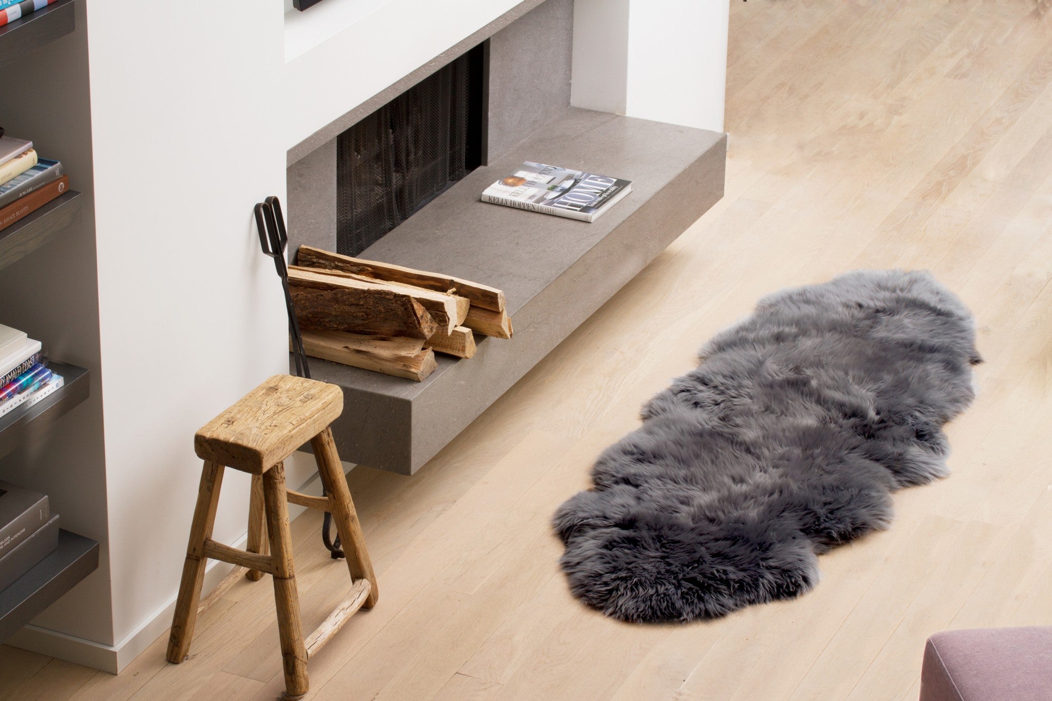 Luxurious gray double sheepskin area rug measuring 24x72 inches, showcasing its soft texture and elegant design.