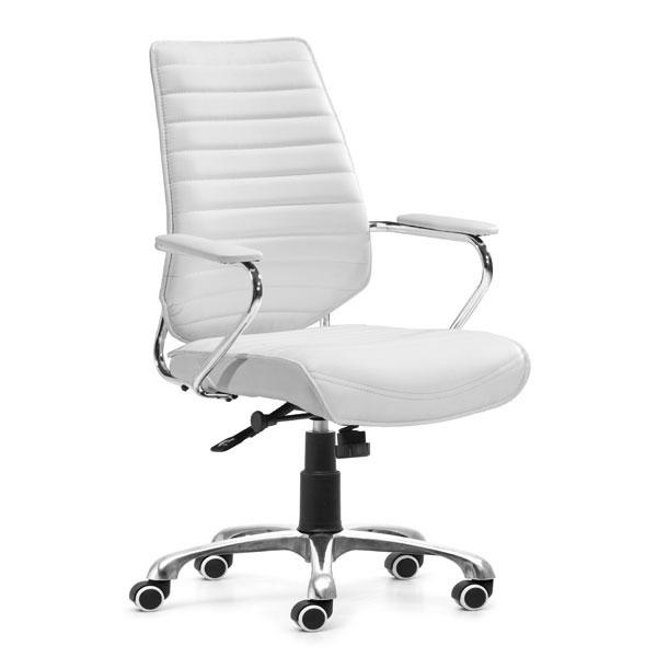 25-inch wide white leatherette low back office chair with chrome accents, adjustable height, and smooth-rolling wheels.