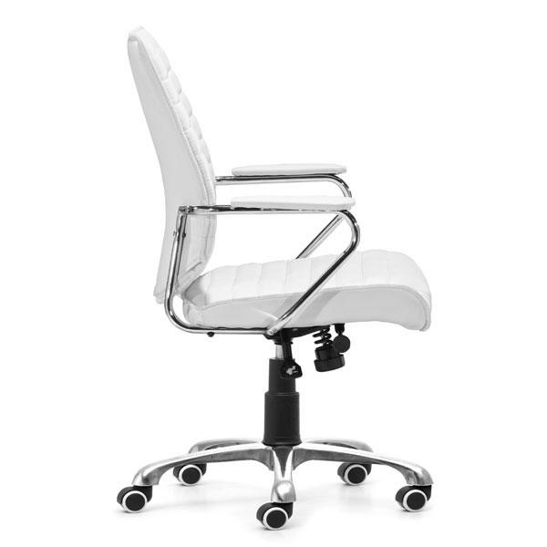 25-inch wide white leatherette low back office chair with chrome accents, adjustable height, and smooth-rolling wheels.