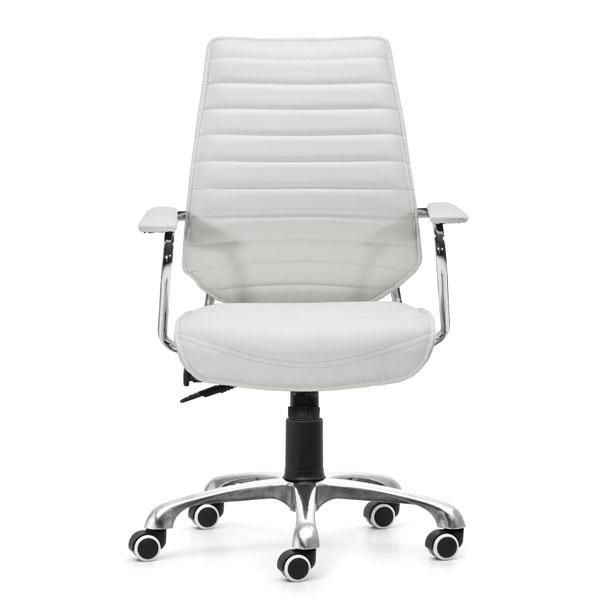 25-inch wide white leatherette low back office chair with chrome accents, adjustable height, and smooth-rolling wheels.
