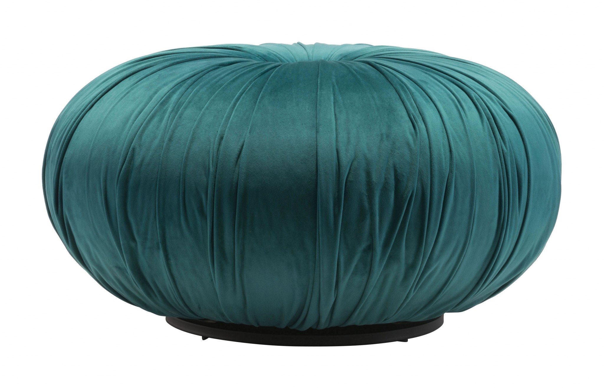 A stylish green velvet ottoman with button tuft design on a round wooden base, perfect for seating or as a decorative accent.