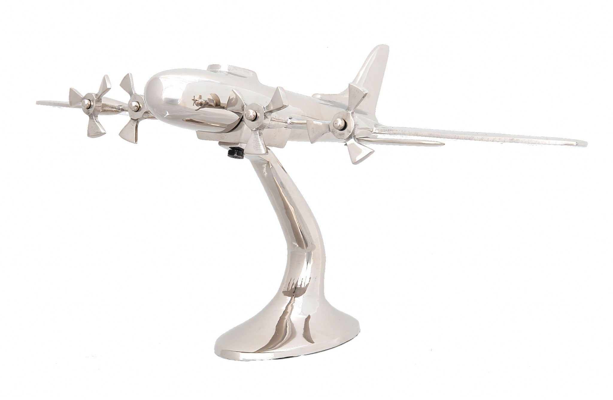 A detailed aluminum model of a WWII aeroplane with four spinning propellers, showcasing a shiny nickel finish.