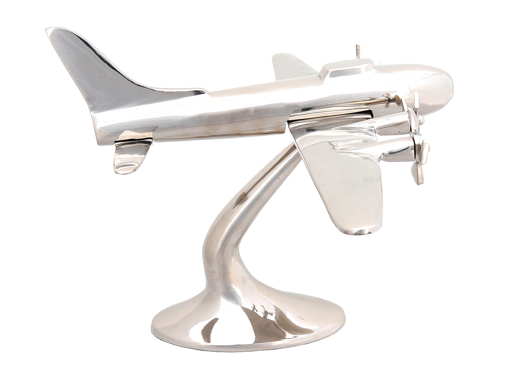 A detailed aluminum model of a WWII aeroplane with four spinning propellers, showcasing a shiny nickel finish.