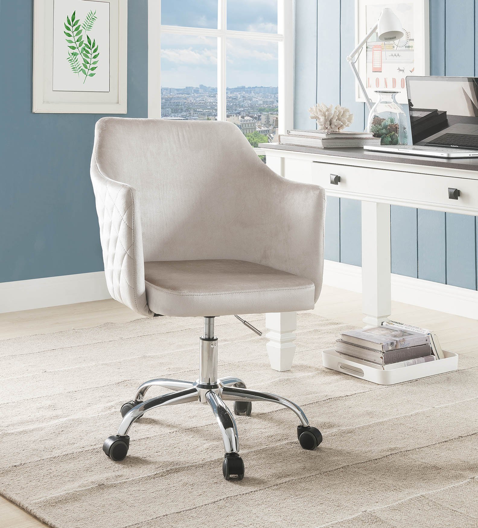 Champagne Velvet Office Chair with padded seat and chrome base, perfect for modern workspaces.