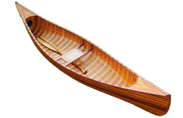 Handcrafted wooden canoe with ribs and curved bow, showcasing clear graded cedar and fiberglass epoxy finish.