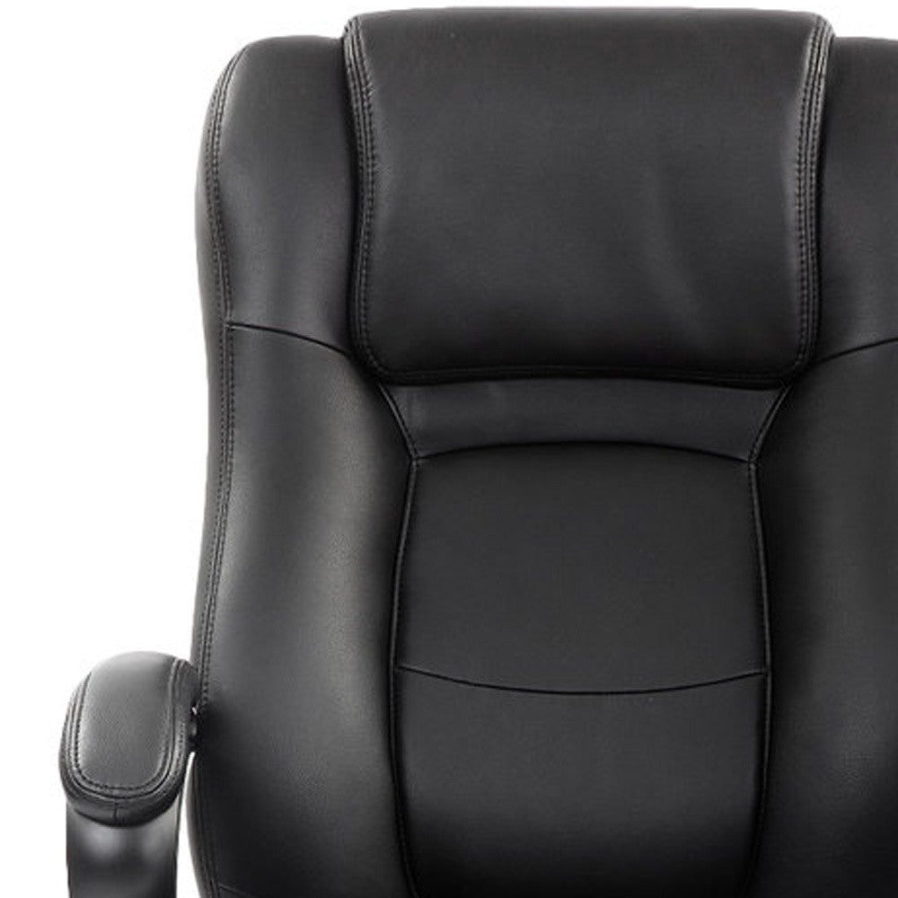 A modern black leather office chair with adjustable features, fully padded seat and back, and smooth caster wheels, perfect for any workspace.