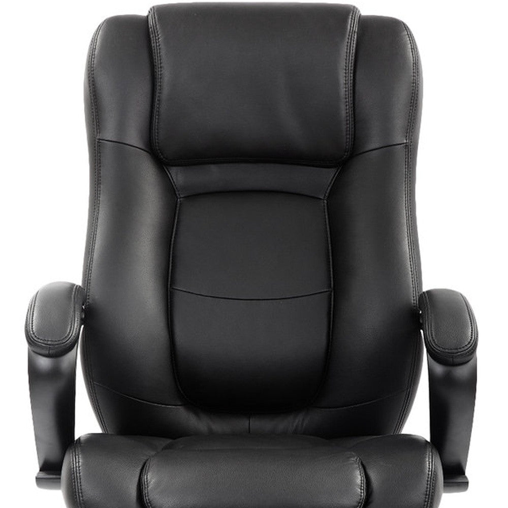 A modern black leather office chair with adjustable features, fully padded seat and back, and smooth caster wheels, perfect for any workspace.