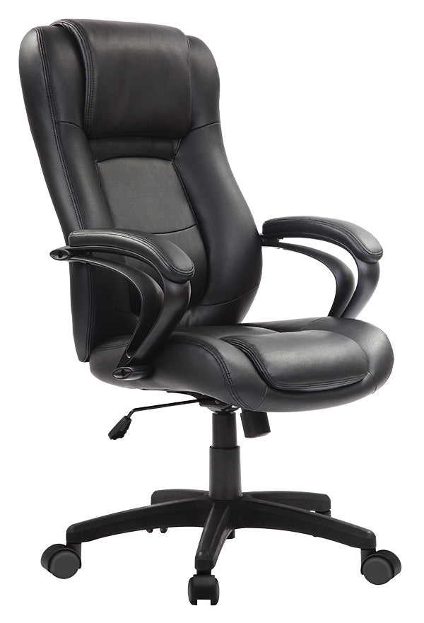 A modern black leather office chair with adjustable features, fully padded seat and back, and smooth caster wheels, perfect for any workspace.