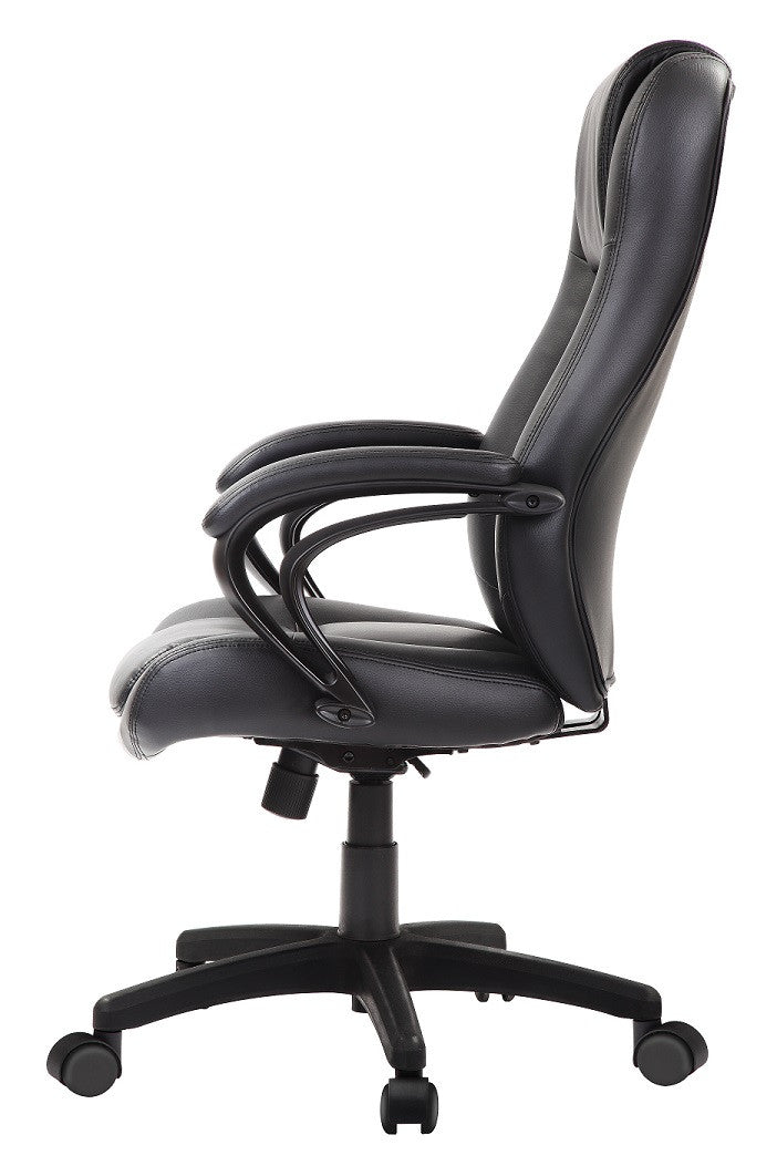 A modern black leather office chair with adjustable features, fully padded seat and back, and smooth caster wheels, perfect for any workspace.