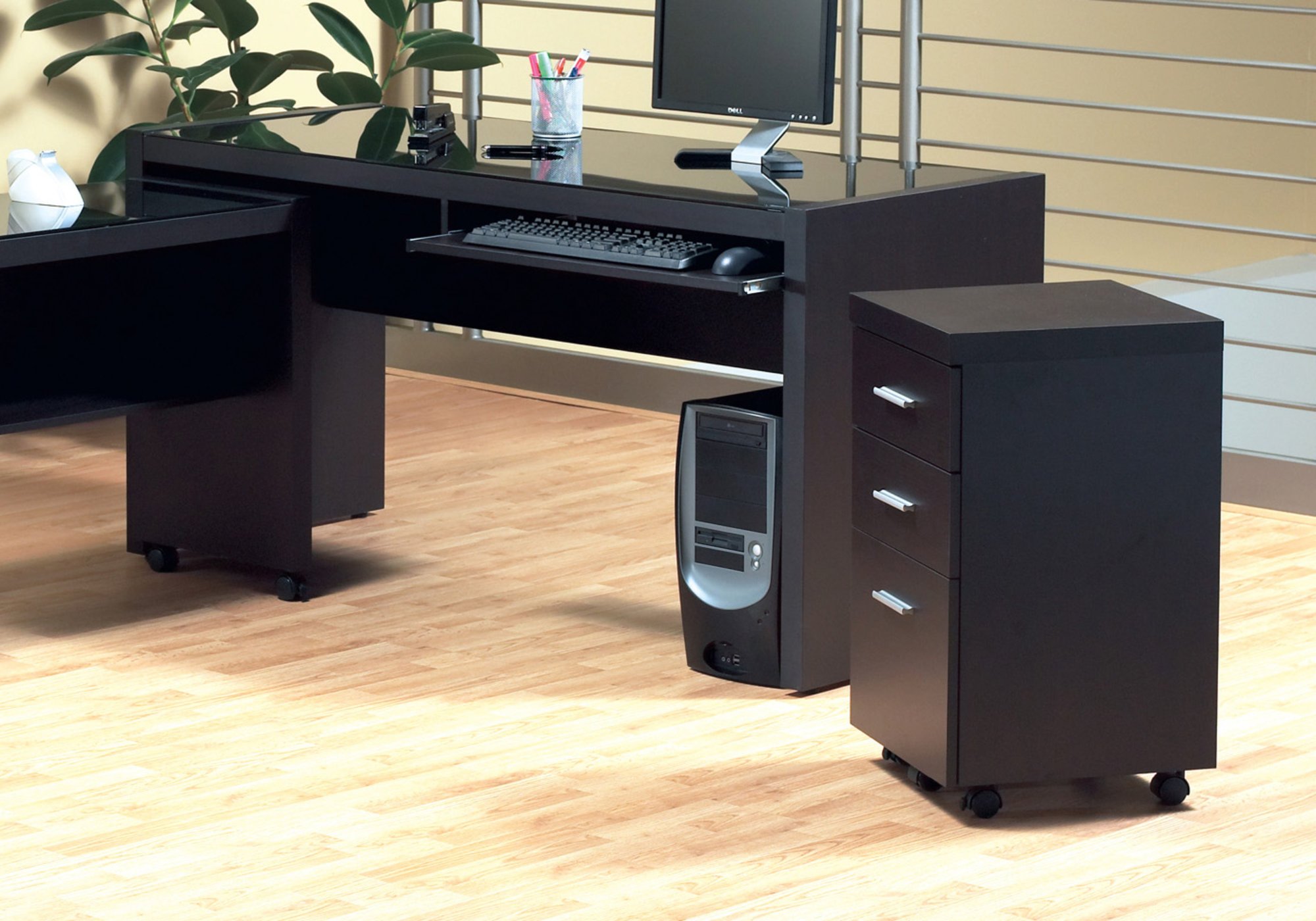 Stylish 26.75" cappuccino filing cabinet with three drawers, perfect for home or office organization.