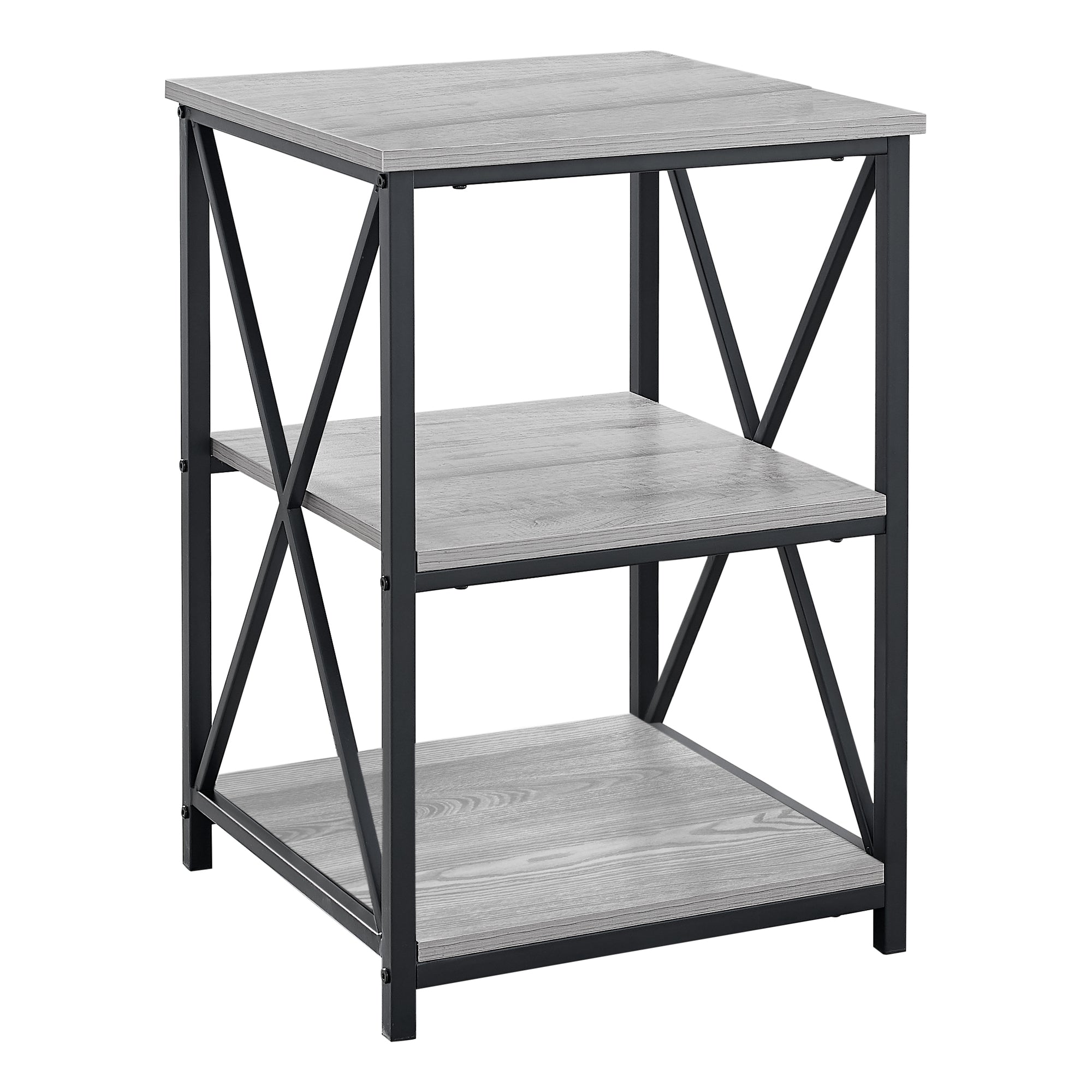 26-inch rectangular grey black metal accent table with X design legs and two open shelves.