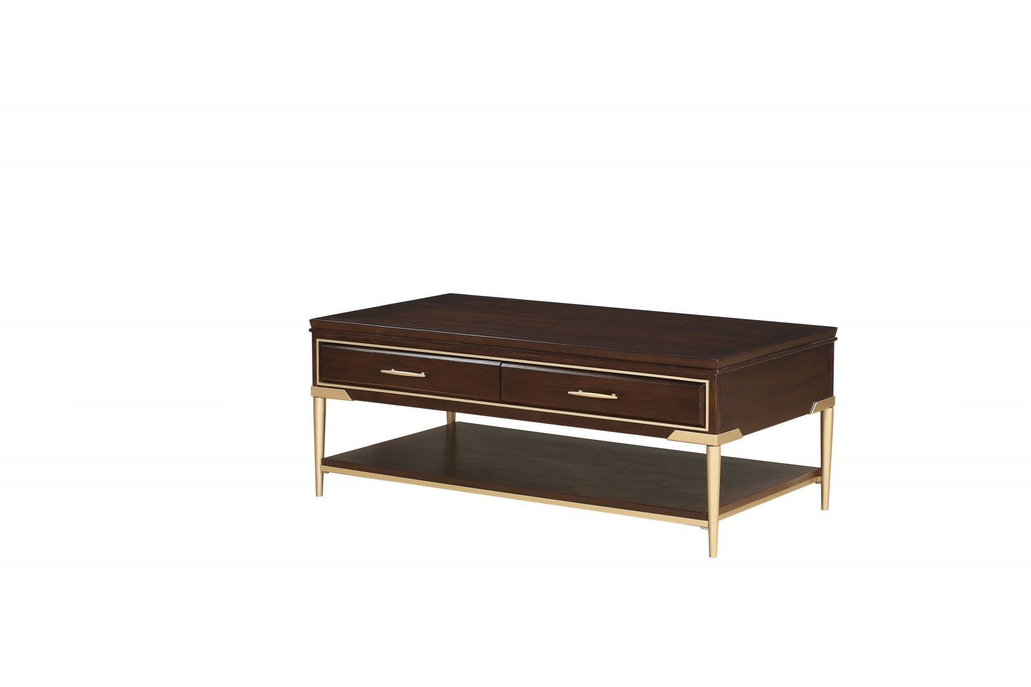 A modern cherry metal wood coffee table with two drawers and an open shelf, showcasing a sleek design and sturdy construction.