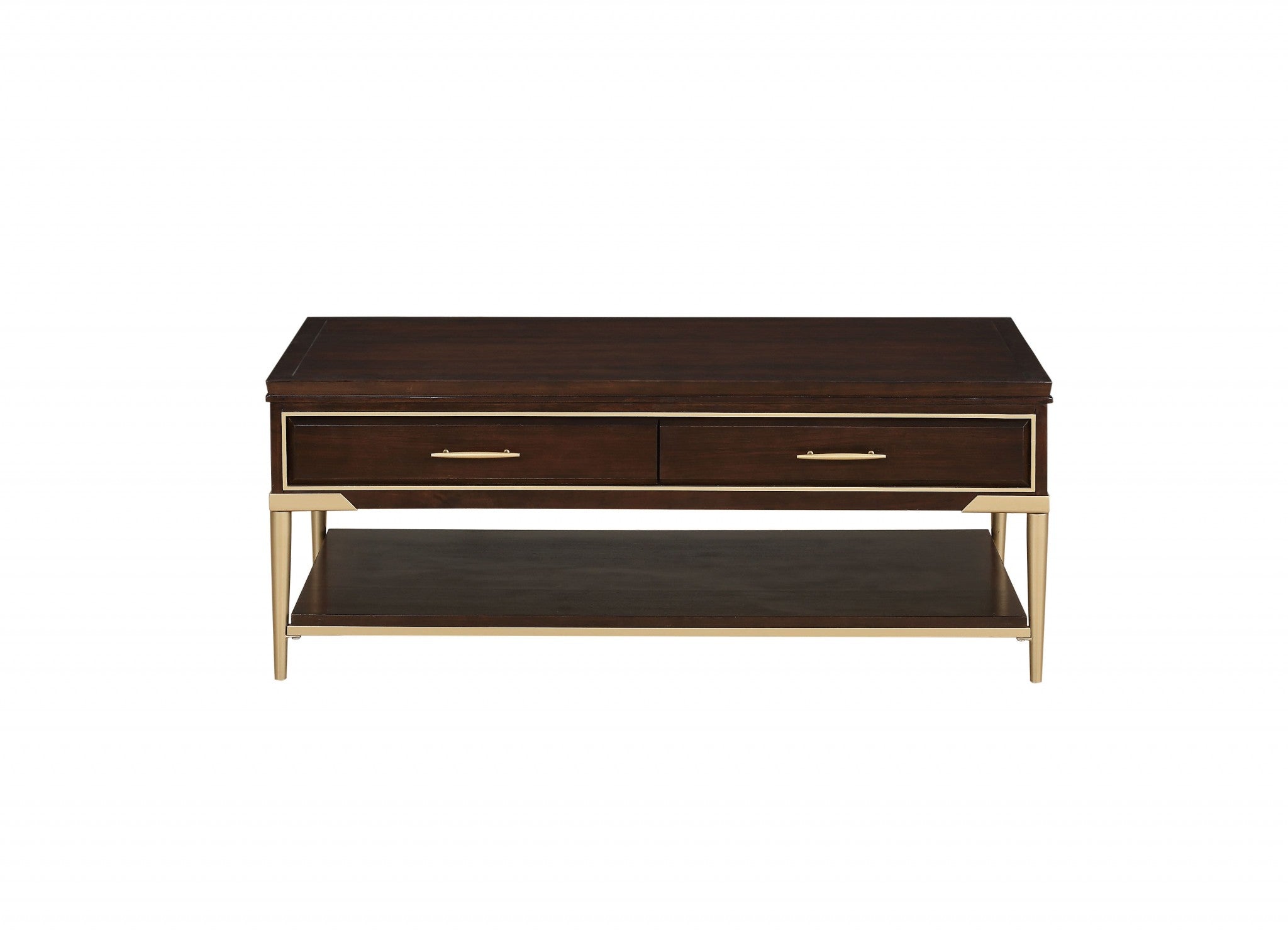 A modern cherry metal wood coffee table with two drawers and an open shelf, showcasing a sleek design and sturdy construction.