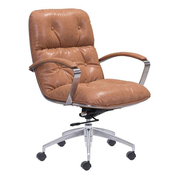 A stylish vintage leatherette office chair with chrome arms and lumbar support, featuring a sleek design and adjustable height.