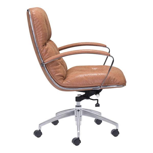 A stylish vintage leatherette office chair with chrome arms and lumbar support, featuring a sleek design and adjustable height.