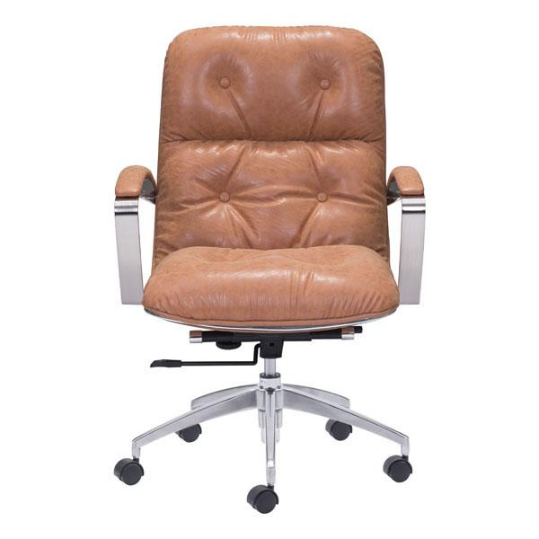 A stylish vintage leatherette office chair with chrome arms and lumbar support, featuring a sleek design and adjustable height.