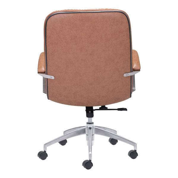 A stylish vintage leatherette office chair with chrome arms and lumbar support, featuring a sleek design and adjustable height.