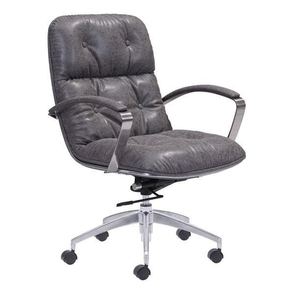Gray vintage leatherette office chair with chrome arms and lumbar support, featuring a high back and adjustable height.