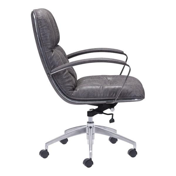 Gray vintage leatherette office chair with chrome arms and lumbar support, featuring a high back and adjustable height.