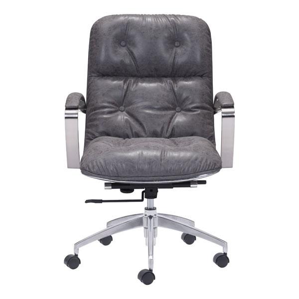 Gray vintage leatherette office chair with chrome arms and lumbar support, featuring a high back and adjustable height.