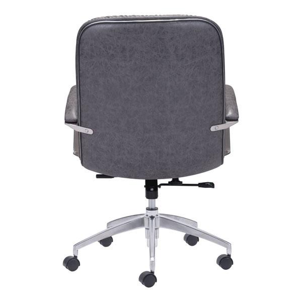 Gray vintage leatherette office chair with chrome arms and lumbar support, featuring a high back and adjustable height.