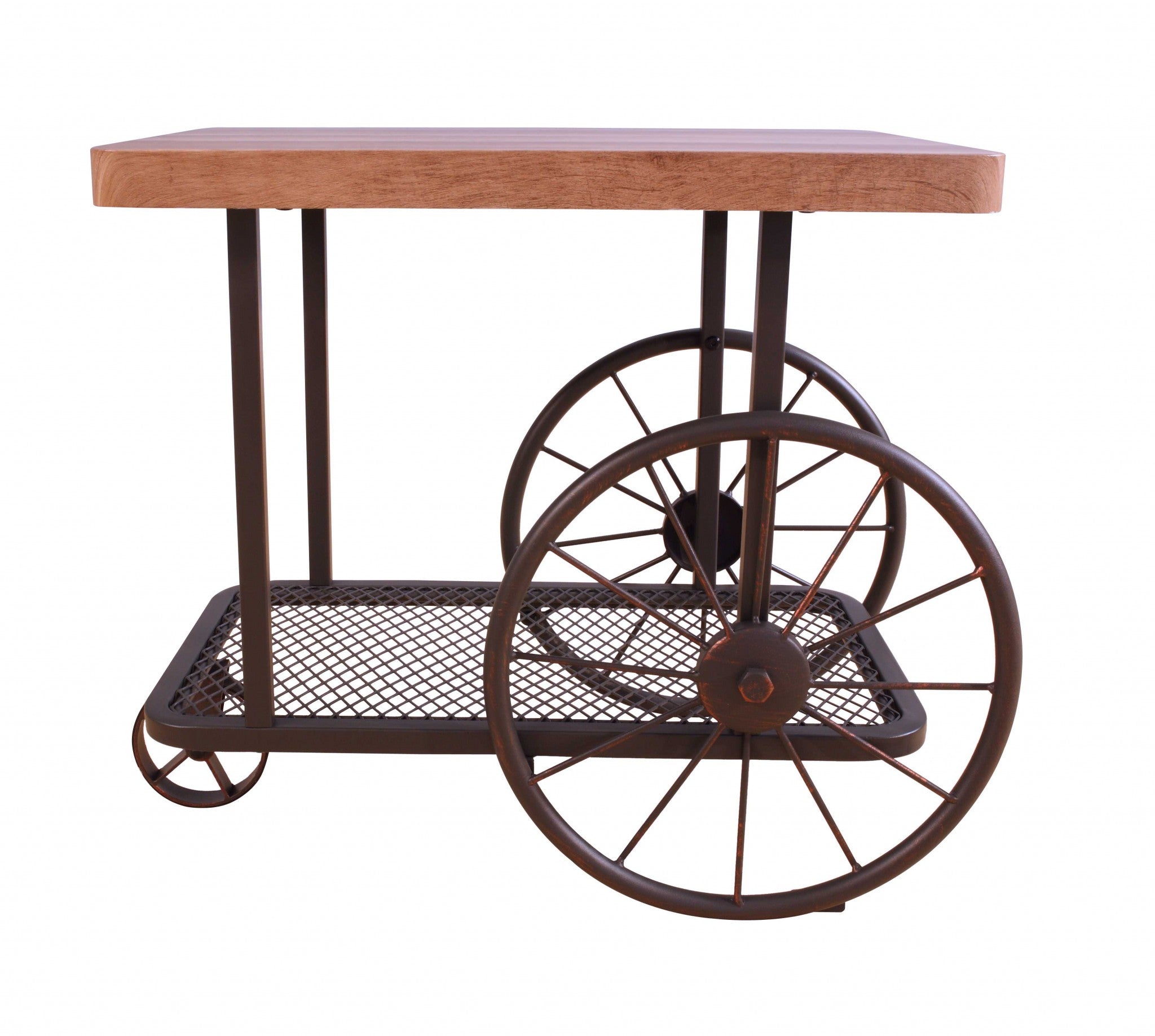 Gray Oak and Antique Metal Tube end table with butcher block top and metal mesh lower shelf, featuring cart-like wheels for mobility.