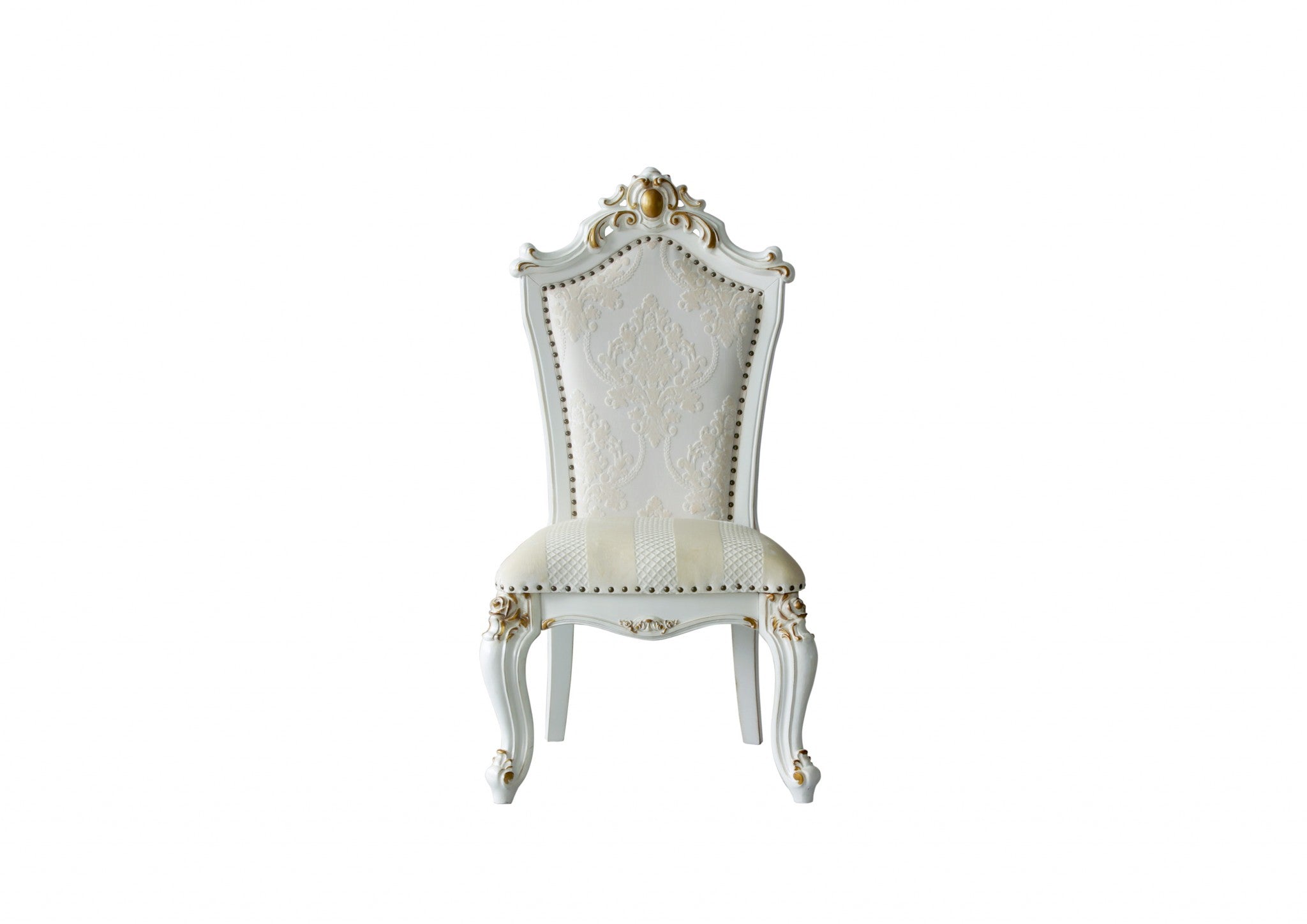 A beautifully crafted dining chair featuring faux leather upholstery and an antique pearl wood finish, showcasing button tufting and nail head trim.