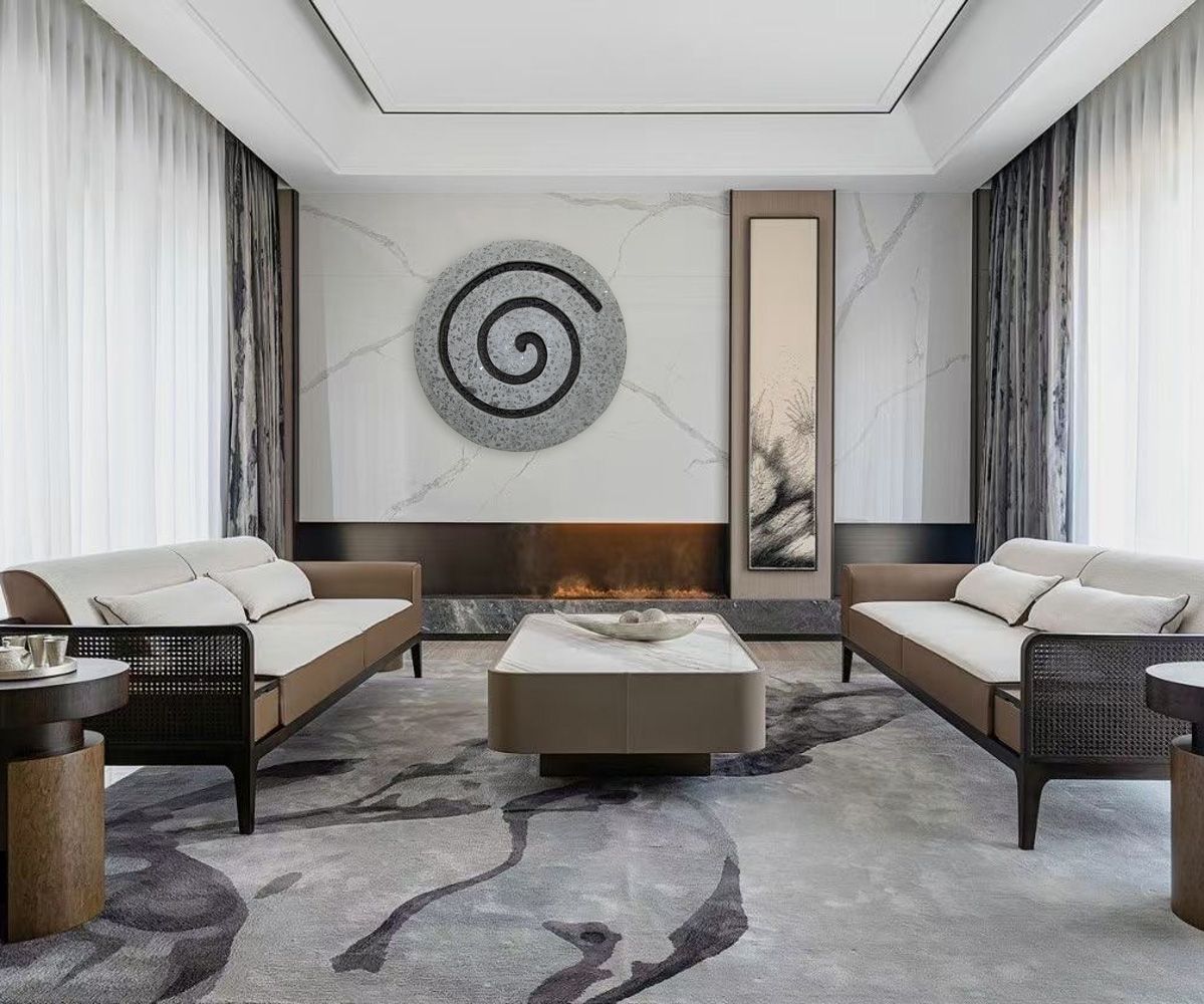 28-inch Gray Round Modern Spiral Wall Art featuring a captivating spiral design made of sandstone and glass accents.